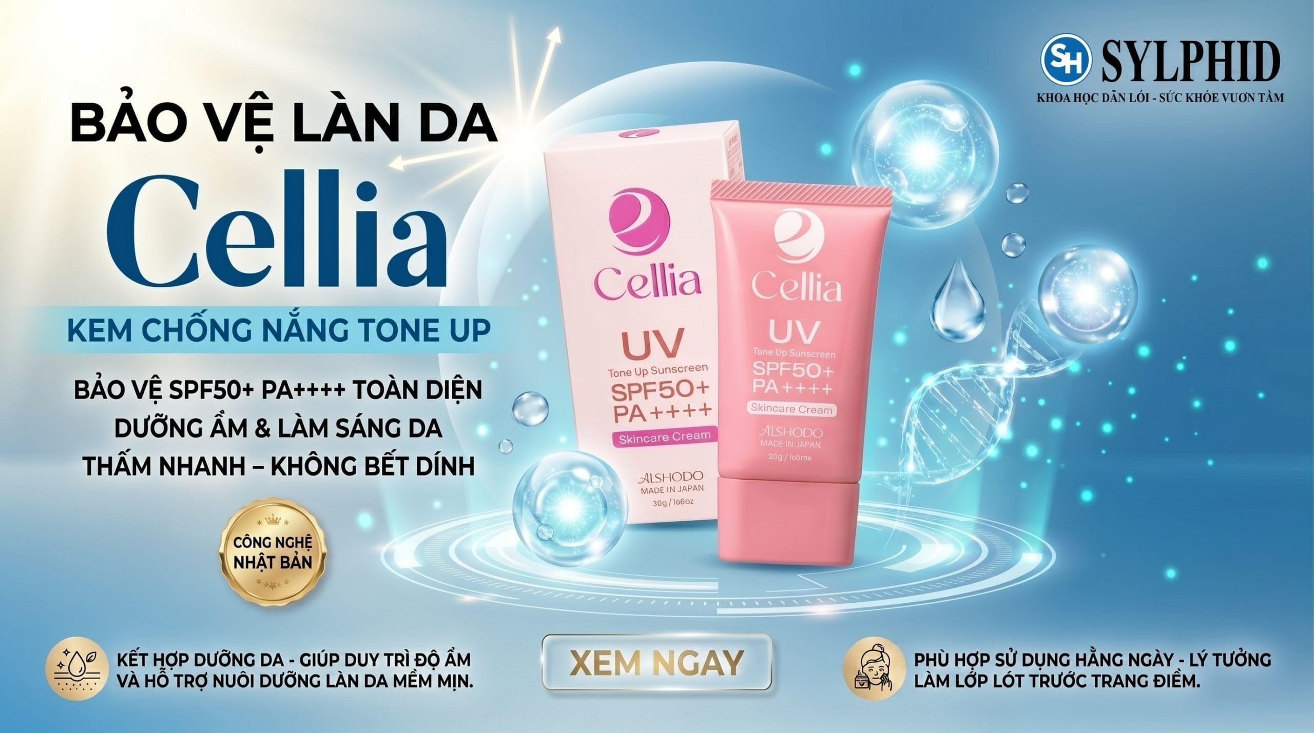 Kem Chống Nắng Cellia UV Tone Up SPF50+ PA++++ Nhật Bản hỗ trợ bảo vệ da và nâng tông tự nhiên