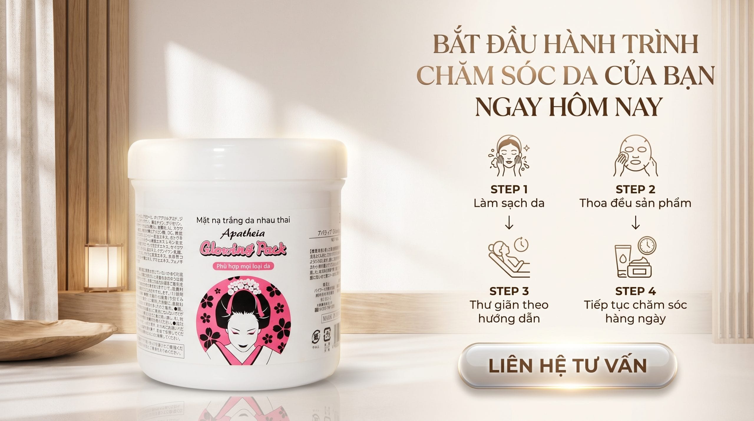 Ủ Trắng Nhau Thai Apatheia Glowing Pack 500G – Giải pháp chăm sóc làn da mềm mại, mịn màng và rạng rỡ theo phong cách Nhật Bản.