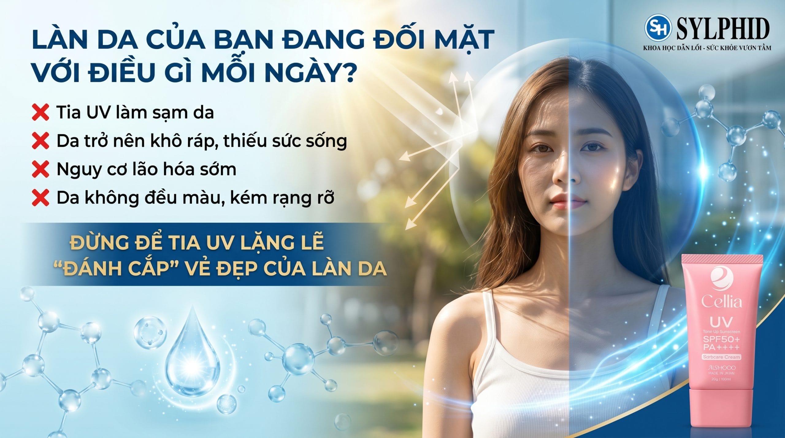 Cellia UV Tone Up Sunscreen giúp bảo vệ da trước tia UVA UVB và dưỡng ẩm hằng ngày