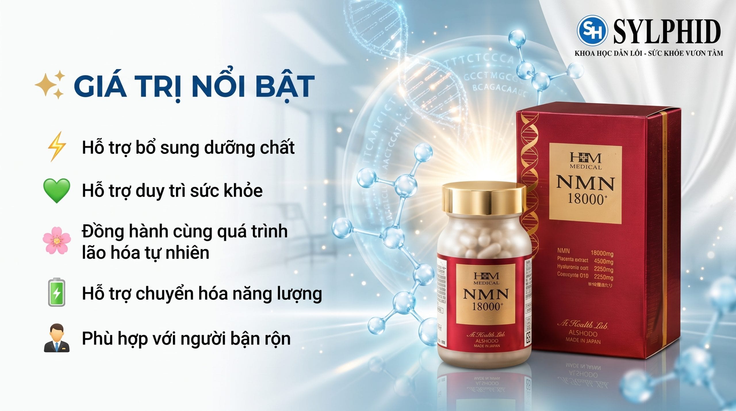 Sản phẩm NMN 18000+ Nhật Bản theo tiêu chuẩn chất lượng Nhật Bản
