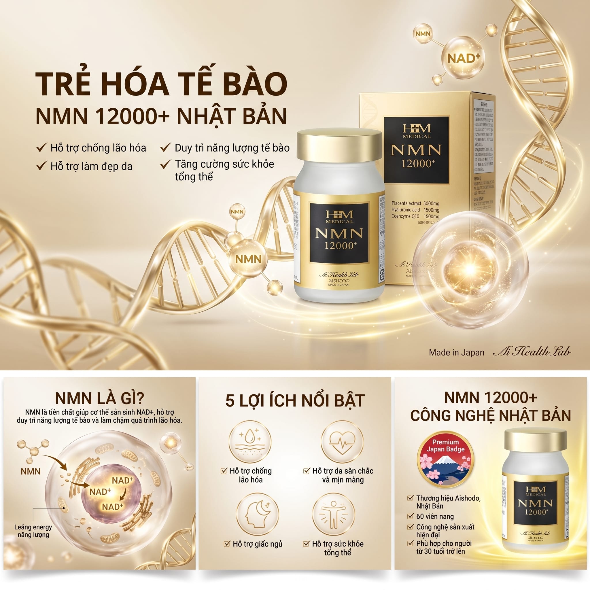 Viên uống NMN 12000+ Nhật Bản hỗ trợ trẻ hóa tế bào, chống oxy hóa và duy trì sức khỏe bền vững tại Sylphid.
