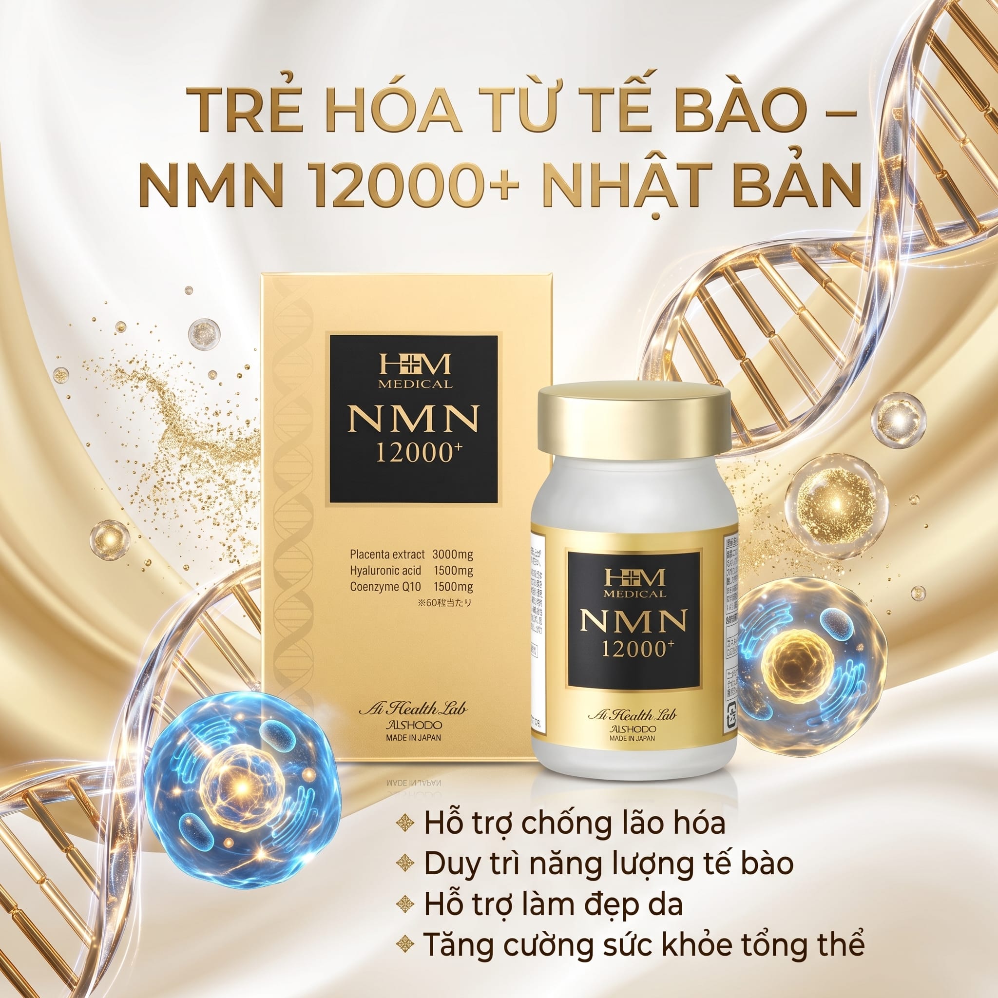 NMN 12000+ Nhật Bản hỗ trợ trẻ hóa tế bào