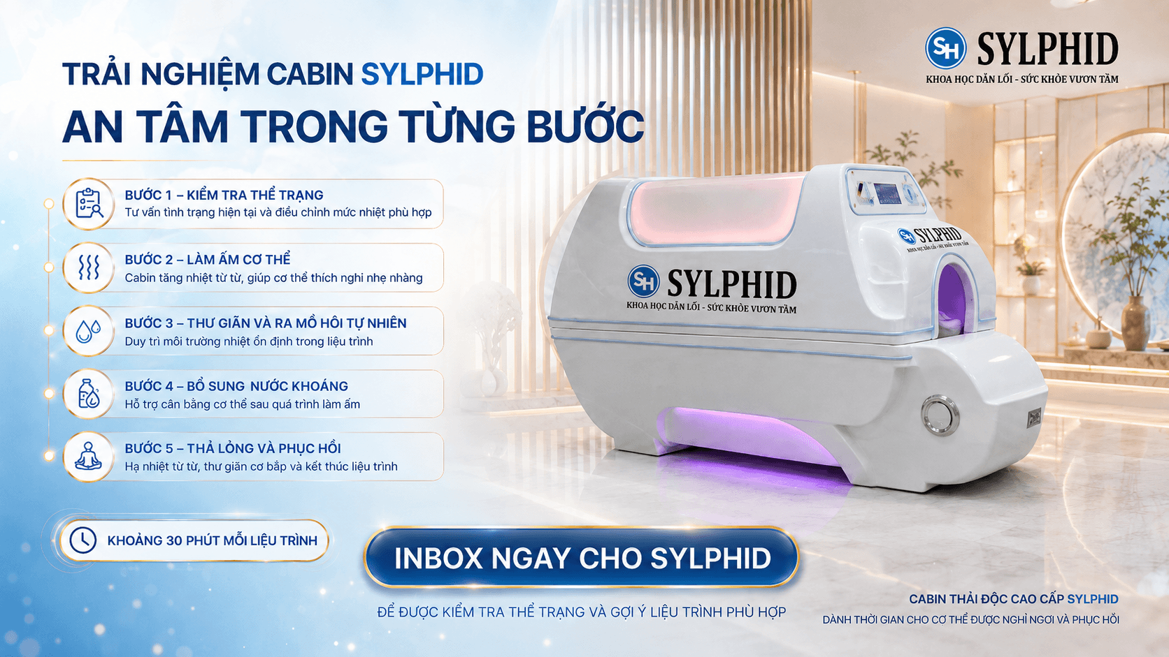 Quy trình trải nghiệm Cabin Thải Độc Cao Cấp SYLPHID khoảng 30 phút