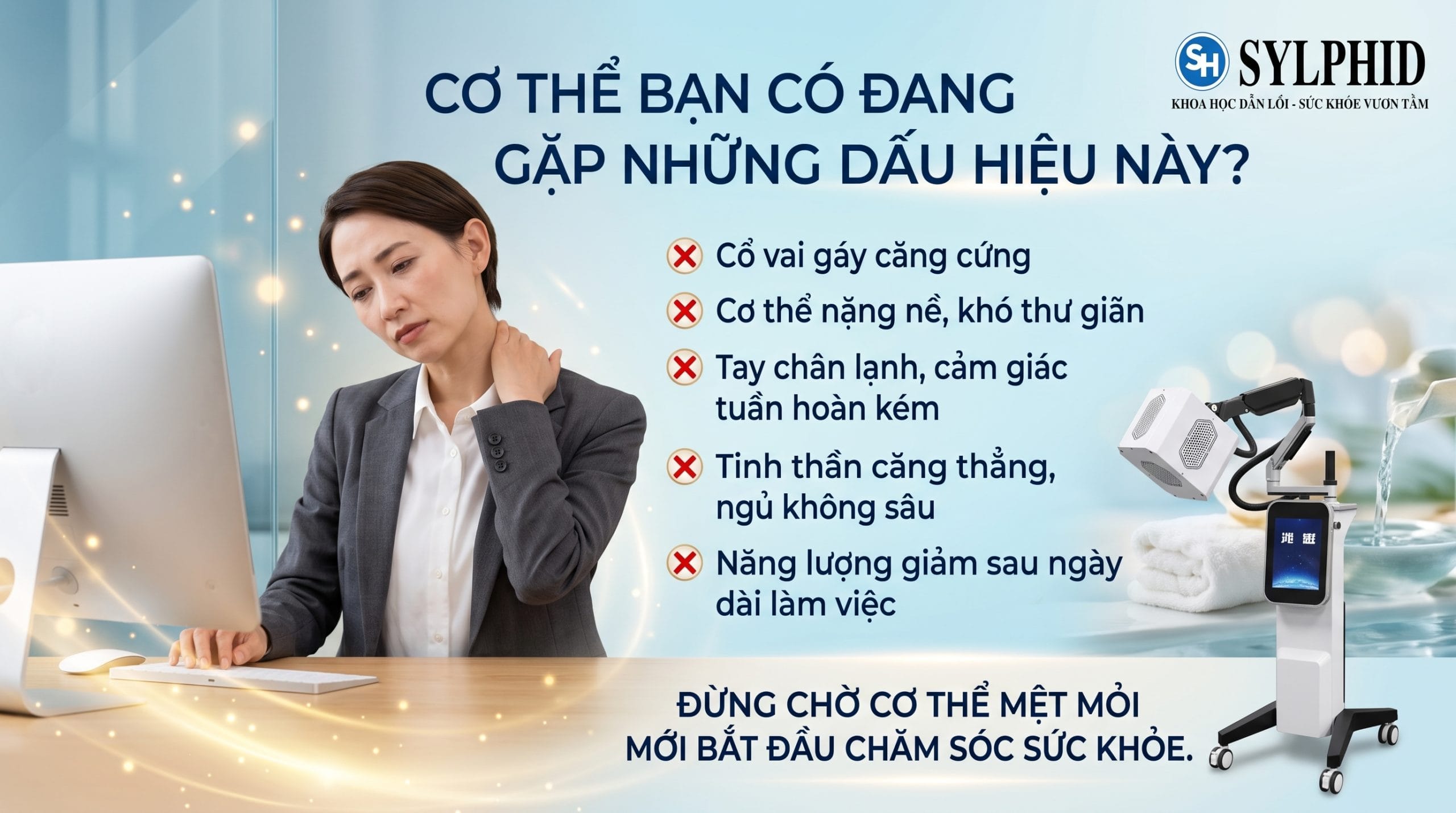 Khách hàng trải nghiệm Terahertz hỗ trợ thư giãn vùng cổ vai gáy tại SYLPHID